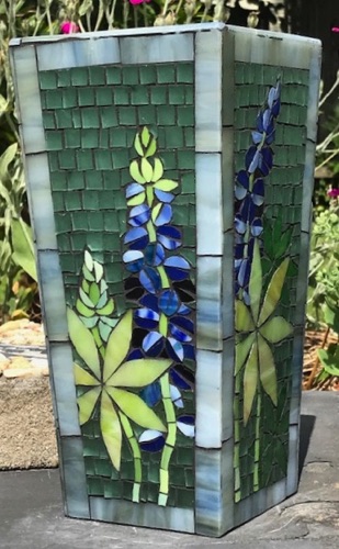 Lupine Vase; stained glass on glass, 4.5" x 4.5" x 9", tapered; $200.00